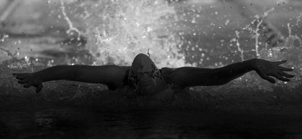 Butterfly swimmer, backlit action shot